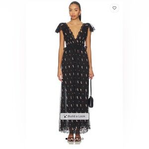 For Love & Lemons Poppy Pleated Black Floral Lace Maxi Dress with Pink Accents